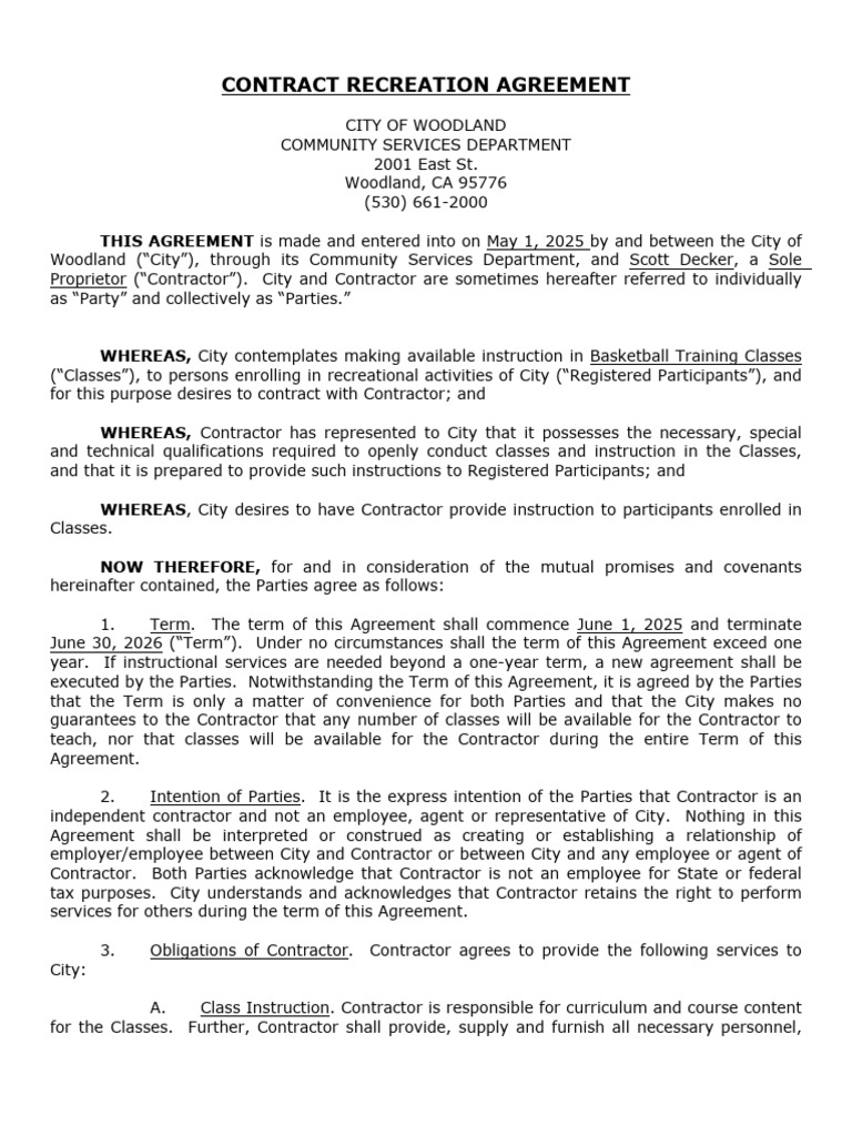 Decker-City of Woodland Contract | PDF | Employment | Indemnity