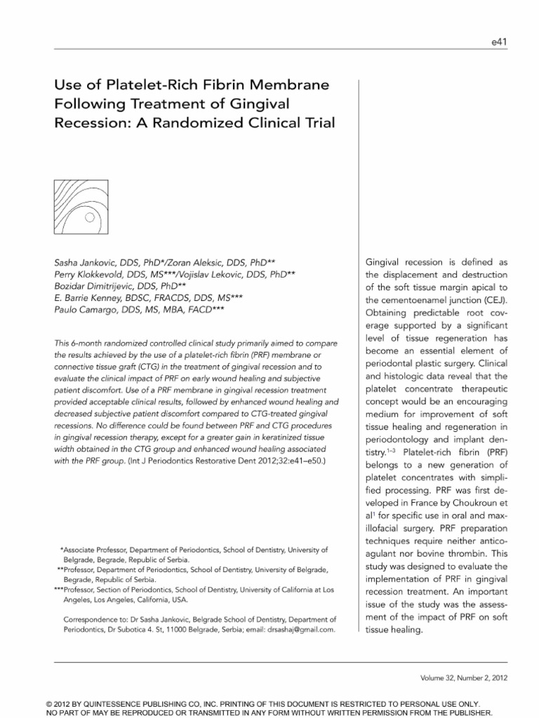 Use of Platelet Rich Fibrin Membrane Following Treatment of Gingival ...