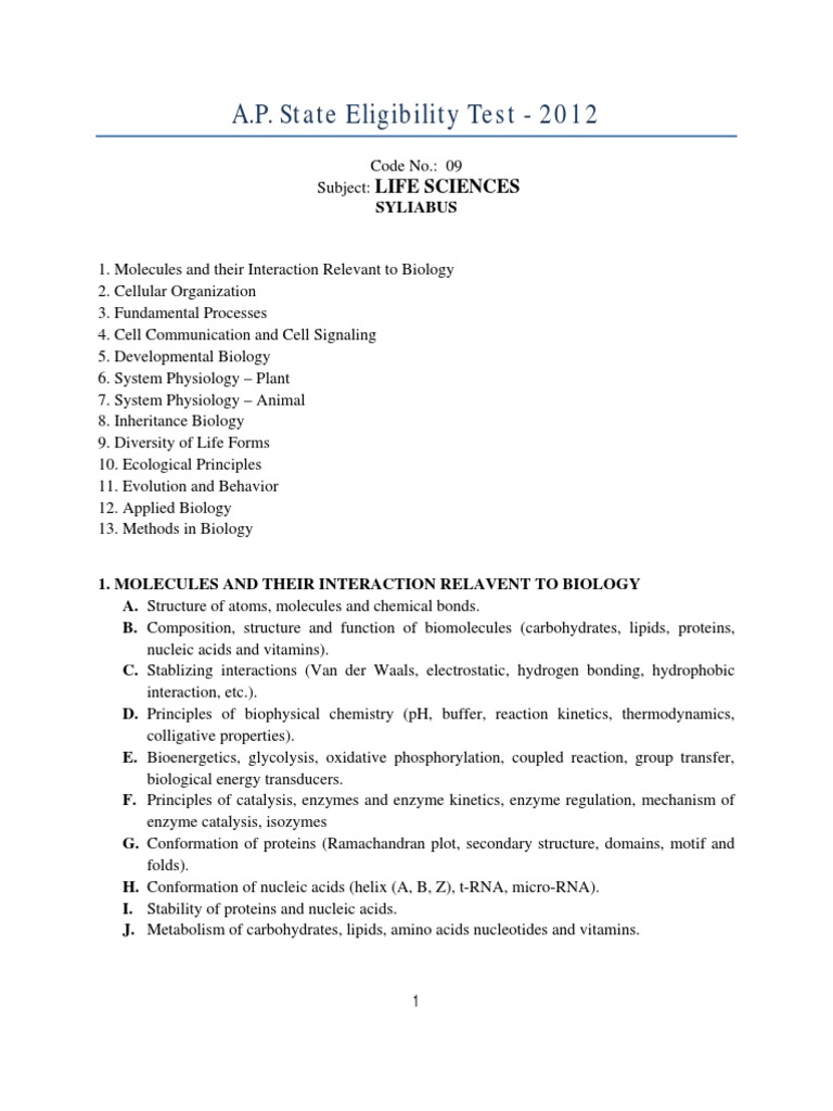 A.P. State Eligibility Test - 2012: Life Sciences | PDF