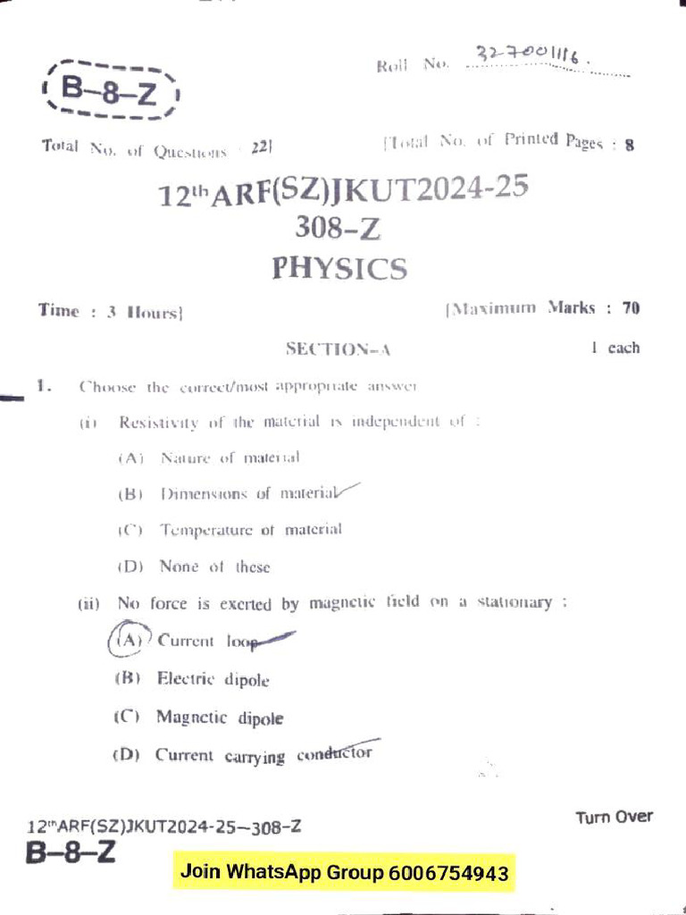 Class 12th Physics Question Paper 2025 | PDF | Magnetic Field | Inductor