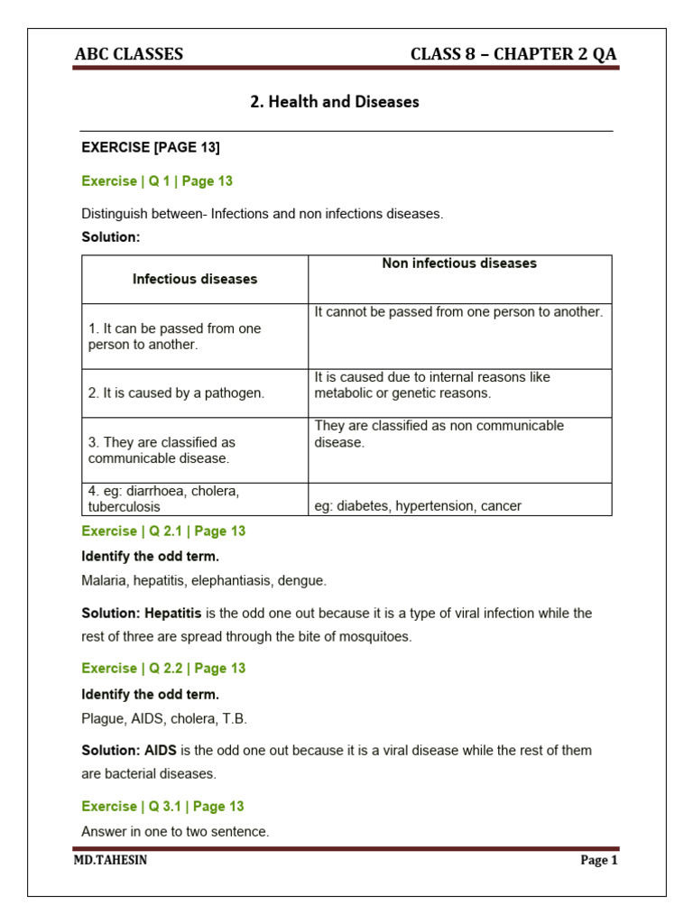 Health and Diseases: Class 8 QA | PDF | Cancer | Infection
