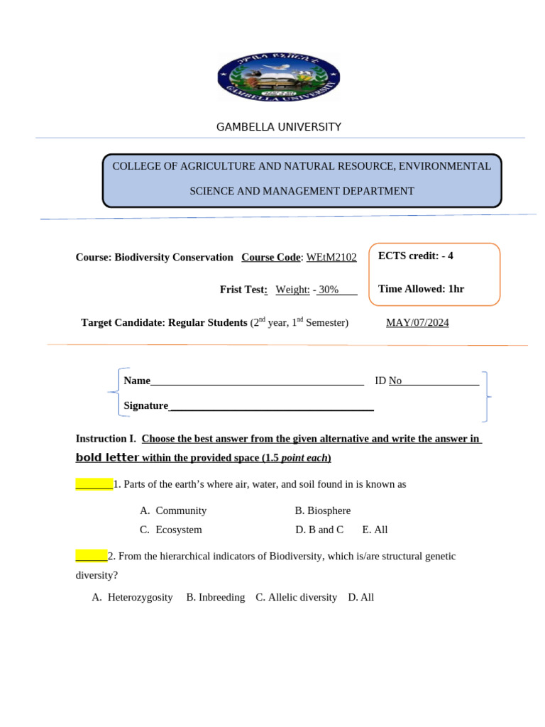 Biodiversity Conservation Test WEtM2102 | PDF | Biodiversity | Earth ...