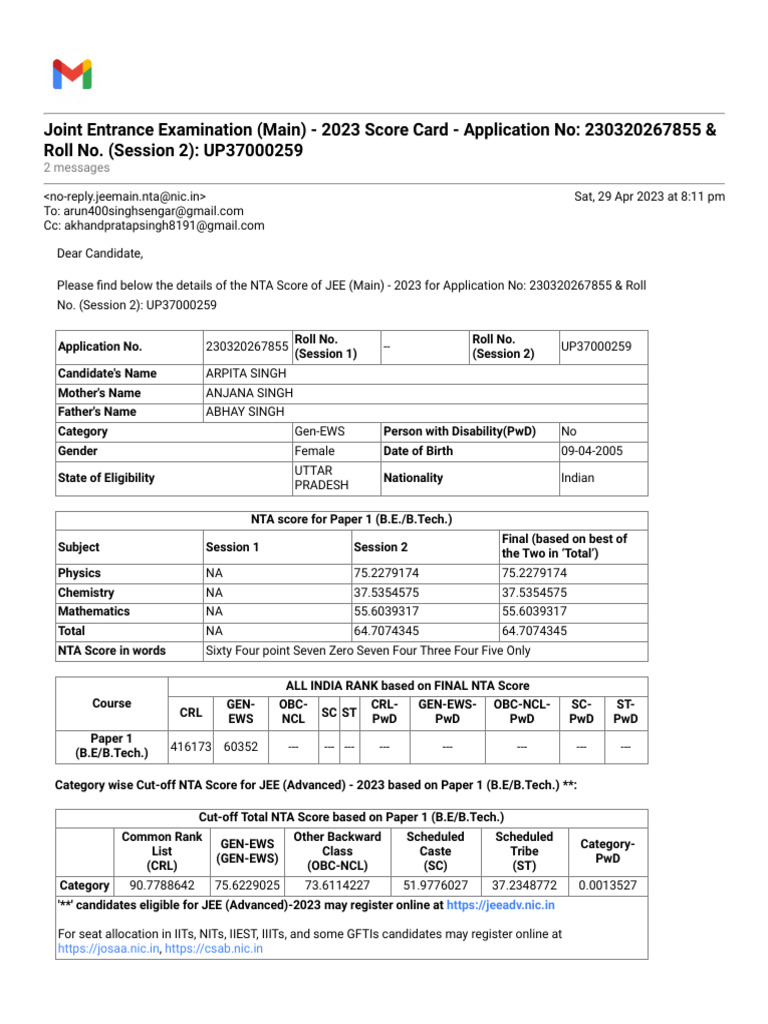 Joint Entrance Examination (Main) - 2023 Score Card - Application No ...