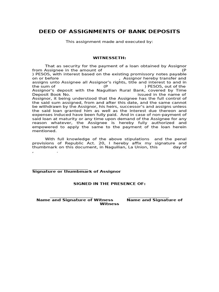 Assignment of Deposit Account Agreement | PDF | Assignment (Law ...