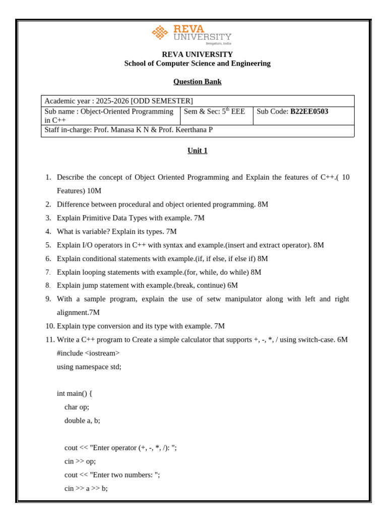 C++ Object-Oriented Programming Question Bank | PDF | C++ | Namespace