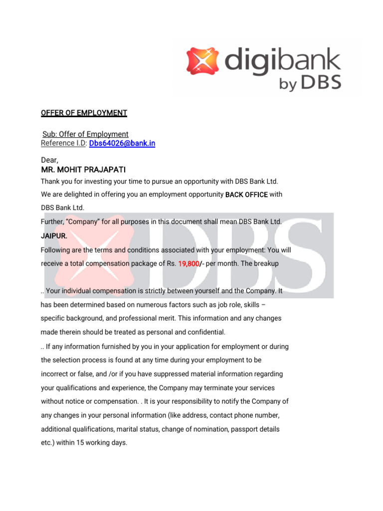DBS Employment Offer for Mohit Prajapati | PDF | Identity Document ...