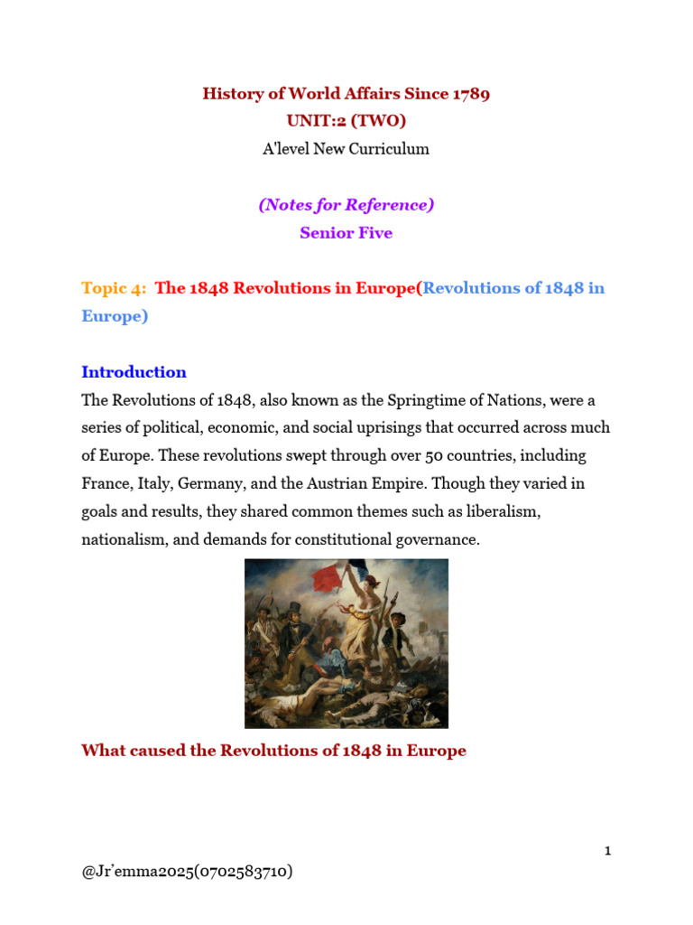 History of World Affairs Since 1789, Revolutions of 1848 in Europe Unit ...