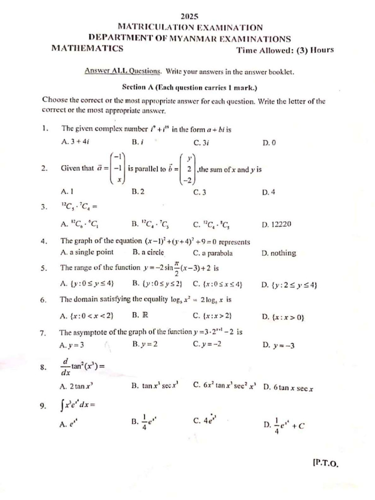 Myanmar Mathematics Exam Questions | PDF | Cartesian Coordinate System ...