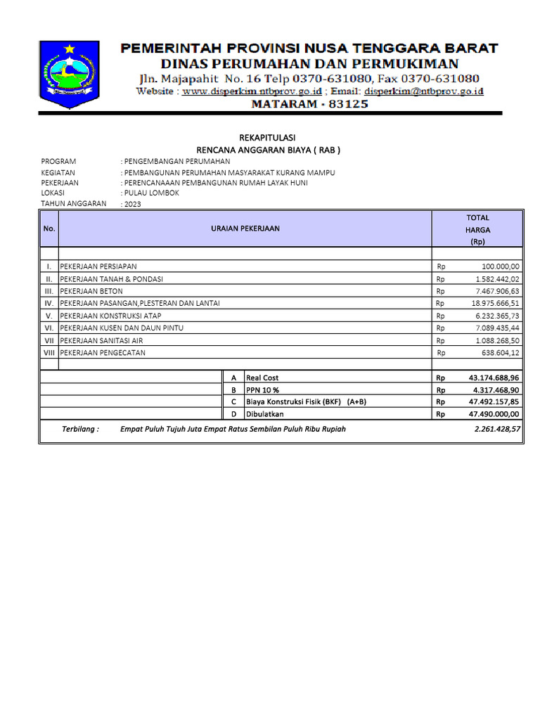 RAB RLH -Type 21 P.lombok 50 Jt New_REKAP | PDF