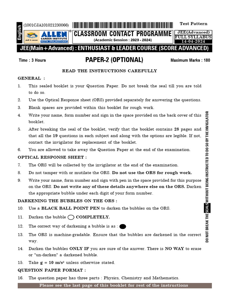 SCORE - Advanced 14th Apr Question Paper 2 | PDF | Pump | Elasticity ...