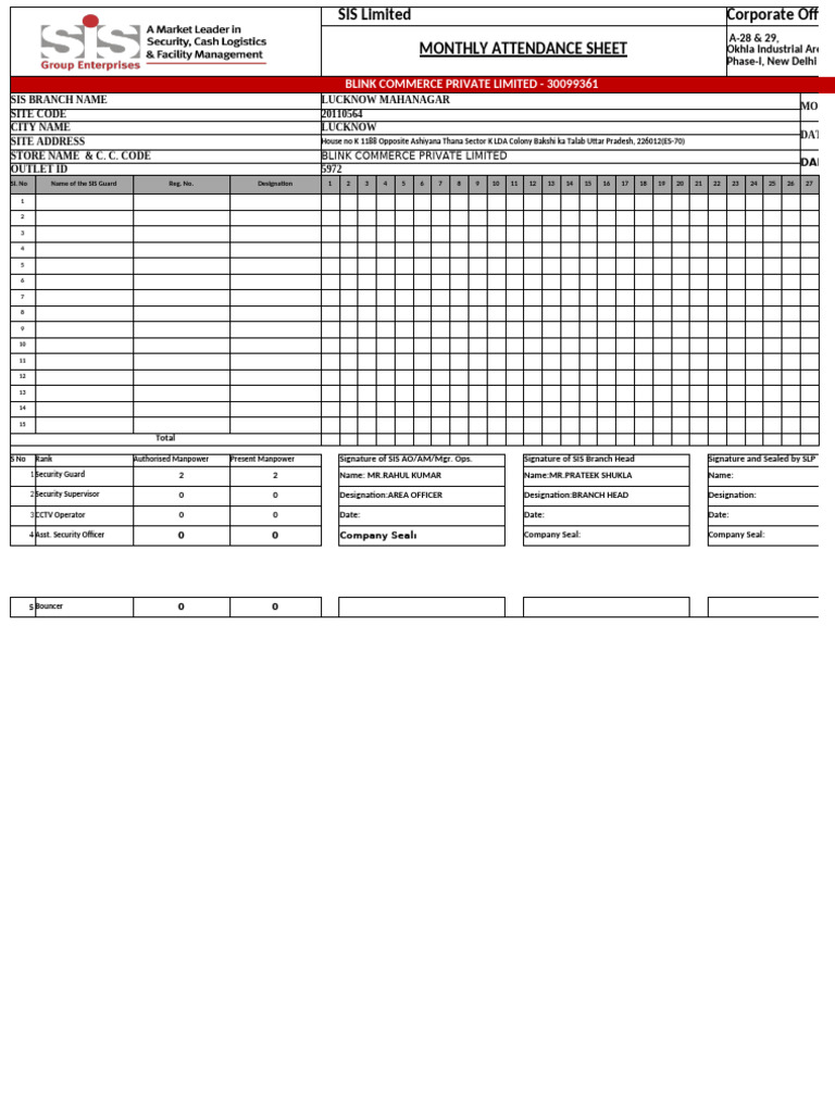 Monthly Security Guard Attendance Sheet | PDF