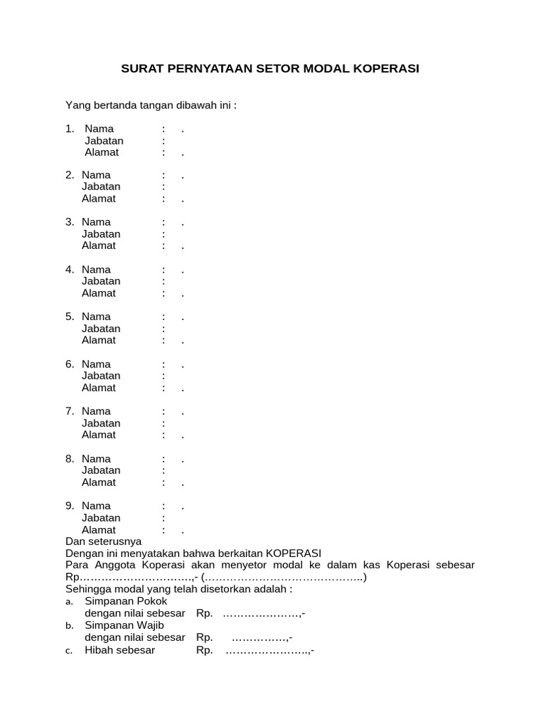 Surat Pernyataan Setor Modal Koperasi | PDF
