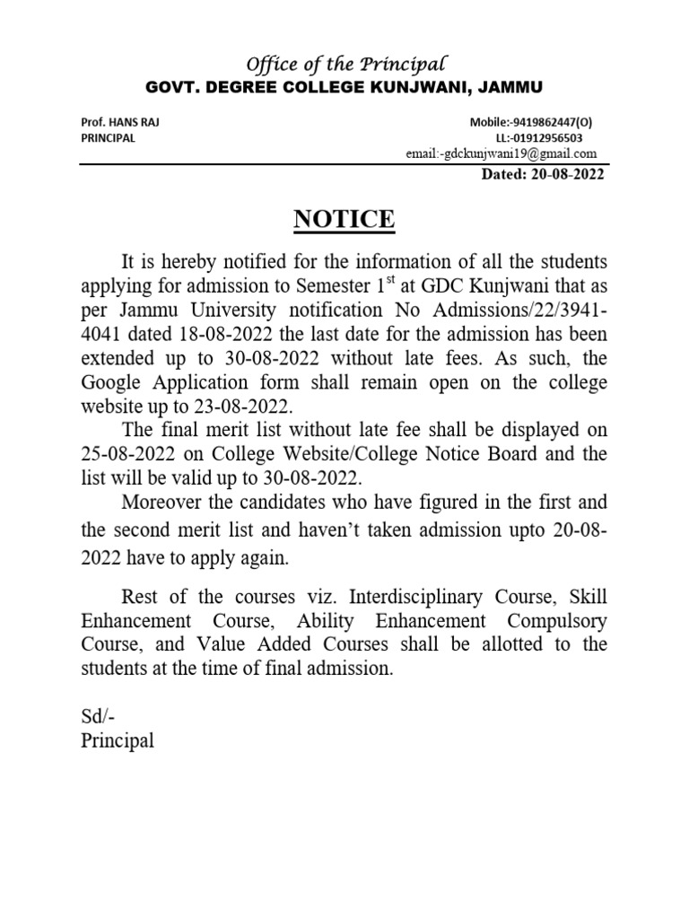 Admission Notice for GDC Kunjwani | PDF