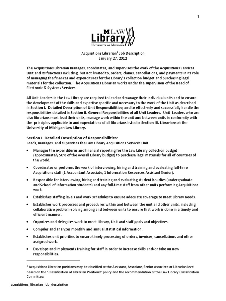 Acquisitions Librarian Job Description Librarian Competence (Human