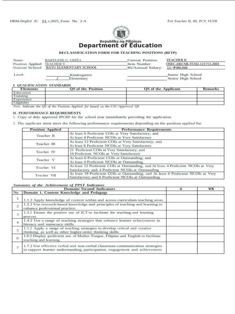 RFTP Form for Teacher II Reclassification | PDF | Learning ...