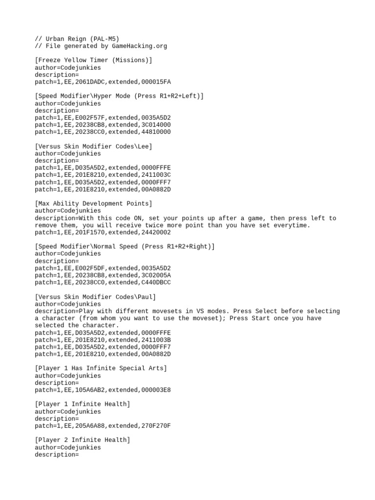 Urban Reign Cheat Codes and Patches | PDF | Single Player Video Games ...