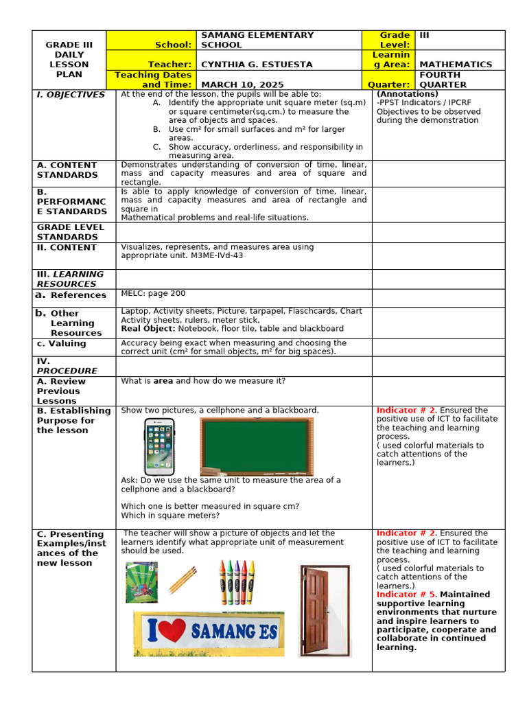 Lesson Plan in Mathematics 3 2024-2025 | PDF | Learning | Educational ...