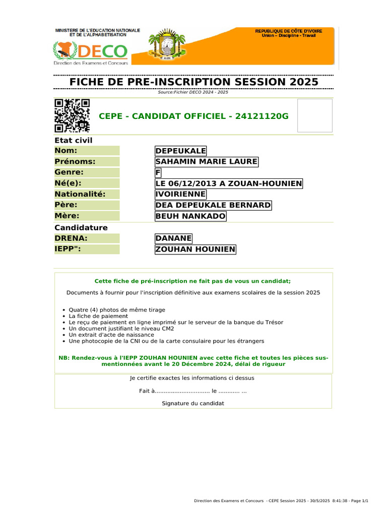 Pré-inscription CEPE 2025 : Documents requis | PDF
