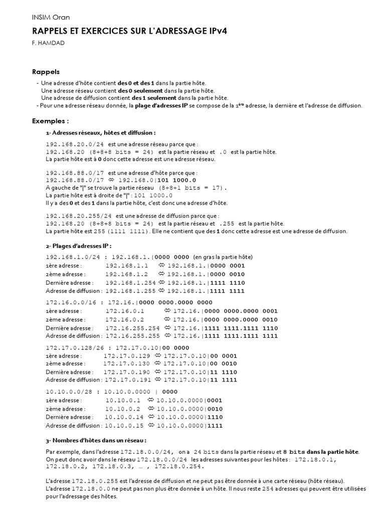 Rappels et exercices sur l'adressage IPv4 | PDF | Adresse IP ...