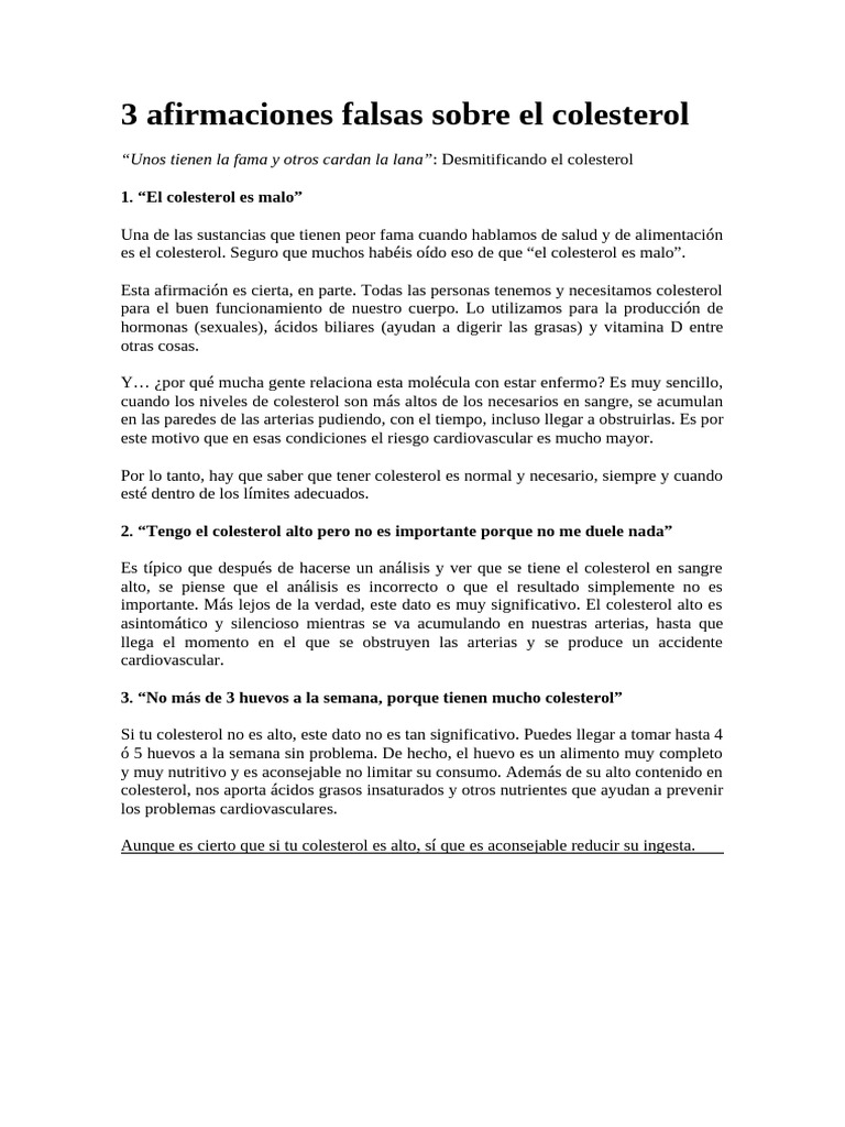 3 Afirmaciones Falsas Sobre El Colesterol | PDF