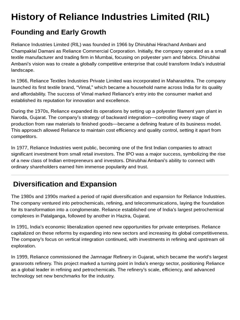 History of Reliance Industries Limited | PDF | Economies | Business