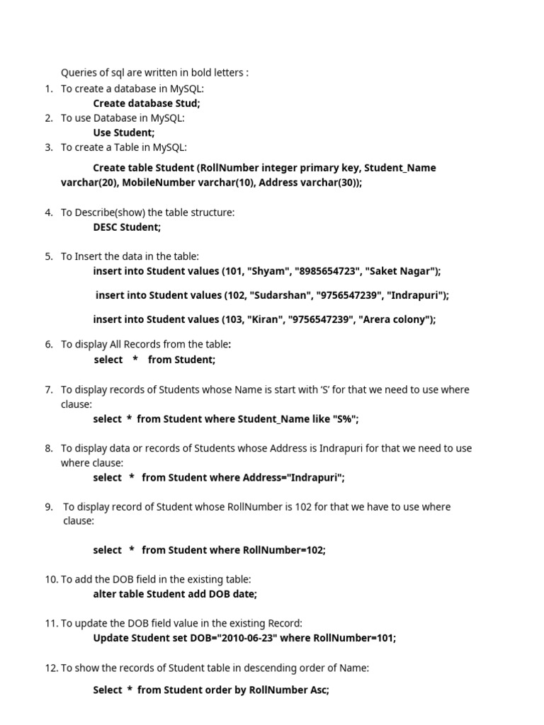 Queries of MySQL_Calss10th | PDF