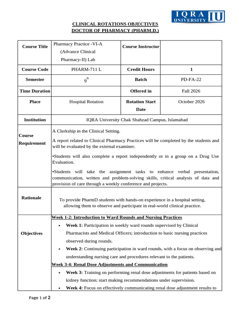 Pharmacy Clinical Rotation Objectives | PDF | Pharmacy | Evidence Based ...