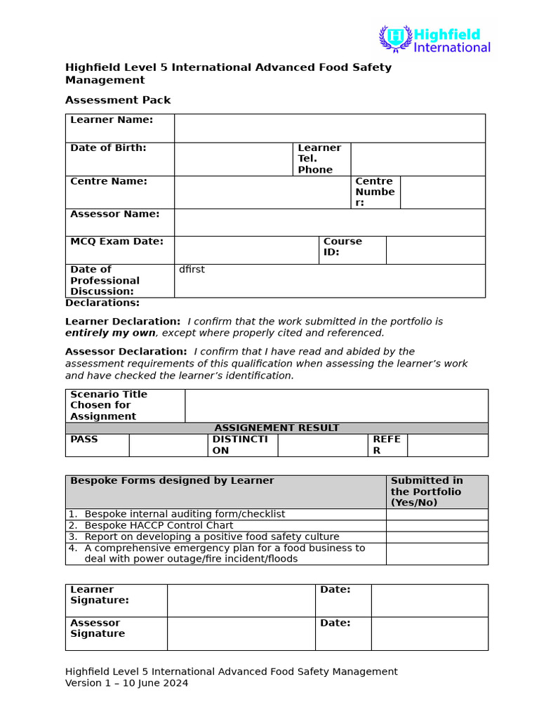 Advanced Food Safety Management Assessment | PDF