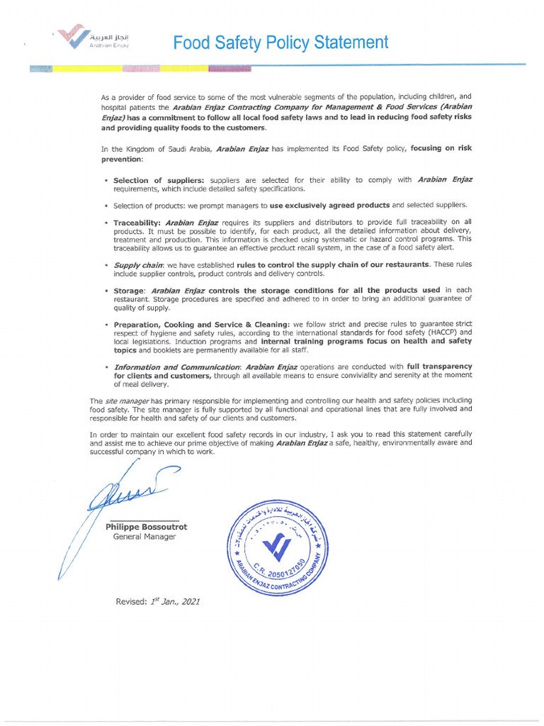 Food Safety Policy Statement | PDF