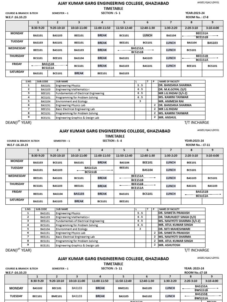B.Tech Semester 1 Timetable 2023-24 | PDF | Physical Sciences | Engineering
