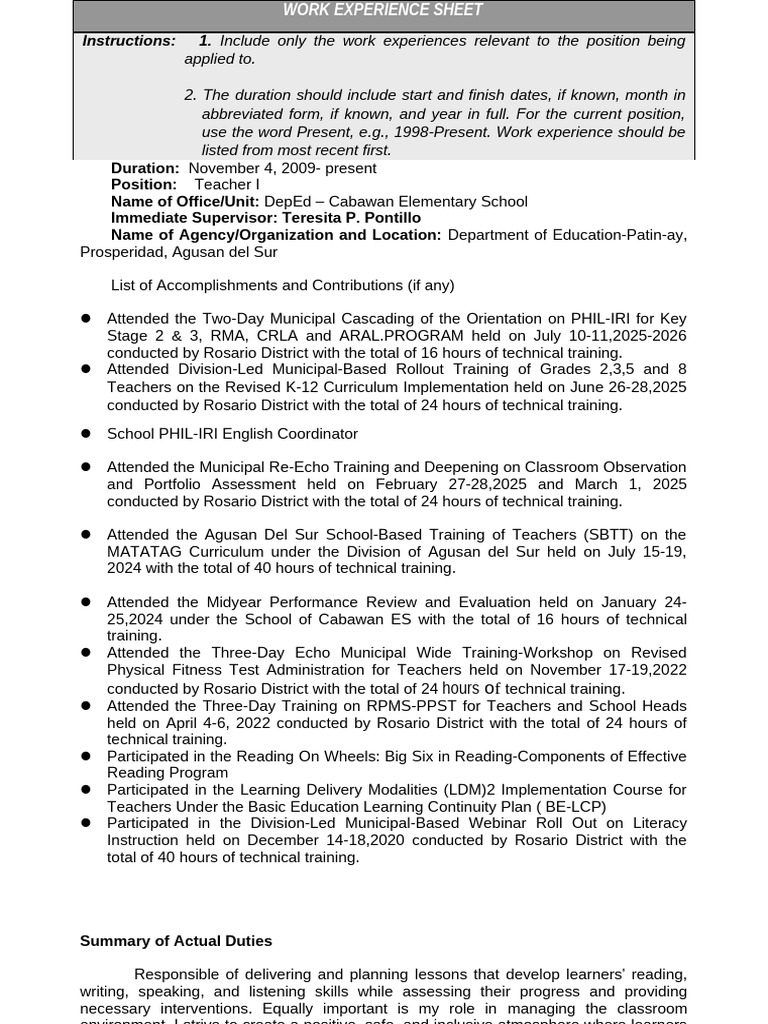 Teacher I Work Experience Overview | PDF | Teachers | Teaching