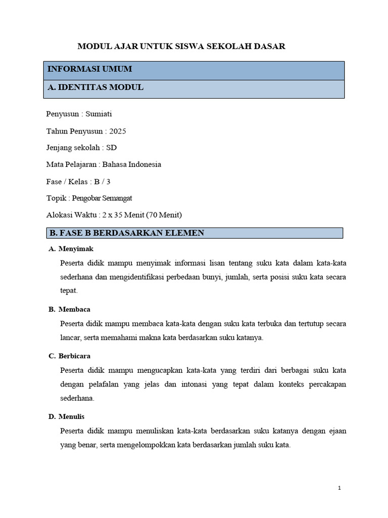 Modul Ajar Bahasa Indonesia SD Kelas 3 | PDF