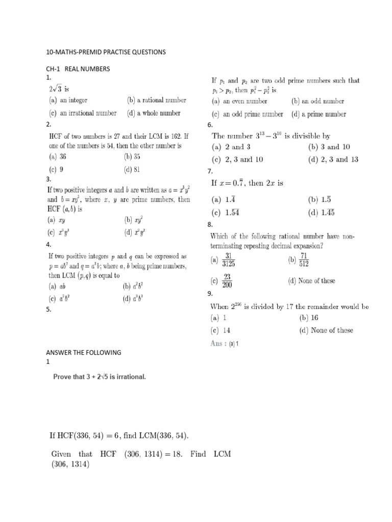 Real Numbers Practice Questions | PDF