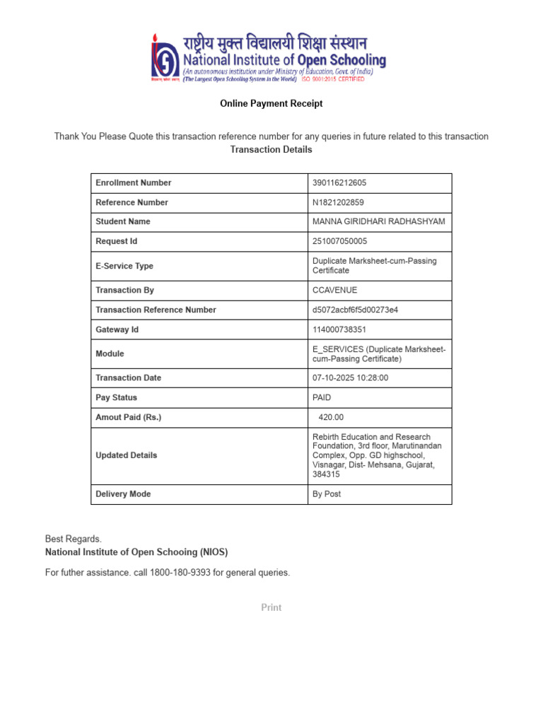 Online Payment Receipt for Duplicate Marksheet | PDF