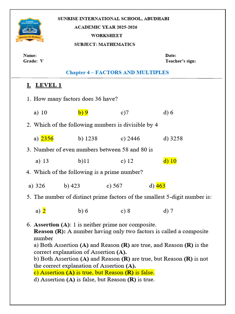 Grade V Math Worksheet: Factors & Multiples | PDF | Prime Number ...