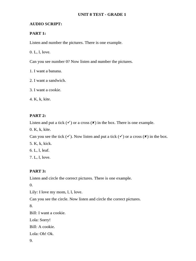 Grade 1 Unit 8 Test Audio Script | PDF