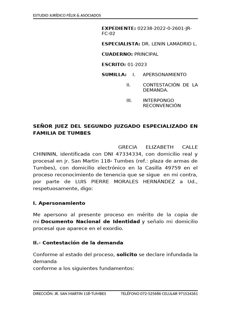 Contestación y Reconvención en Proceso Familiar | PDF | Demanda ...