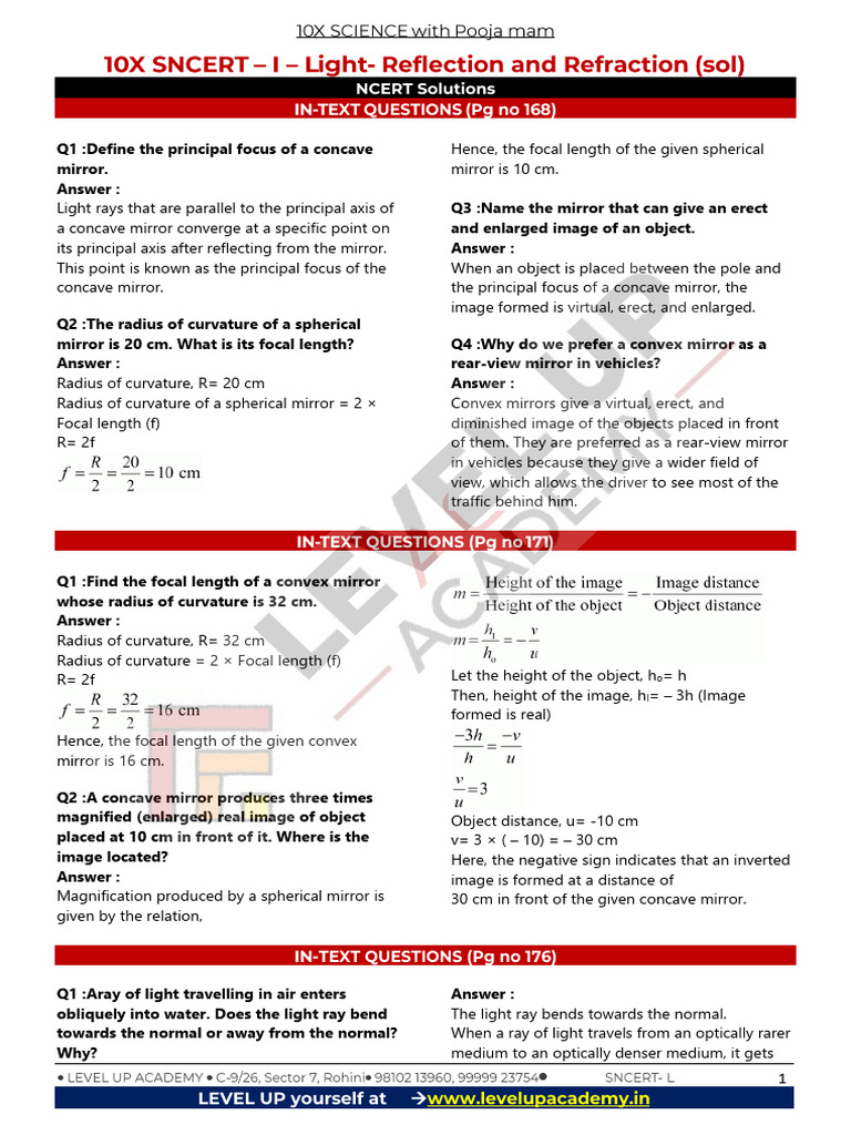 SNCERT Solutions: Light Reflection & Refraction | PDF | Mirror | Atomic