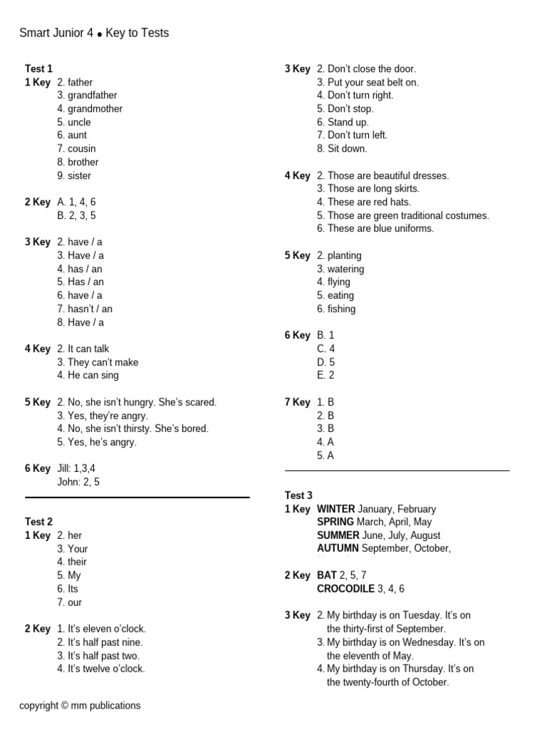 Smart Junior 4 Test Key Guide | PDF
