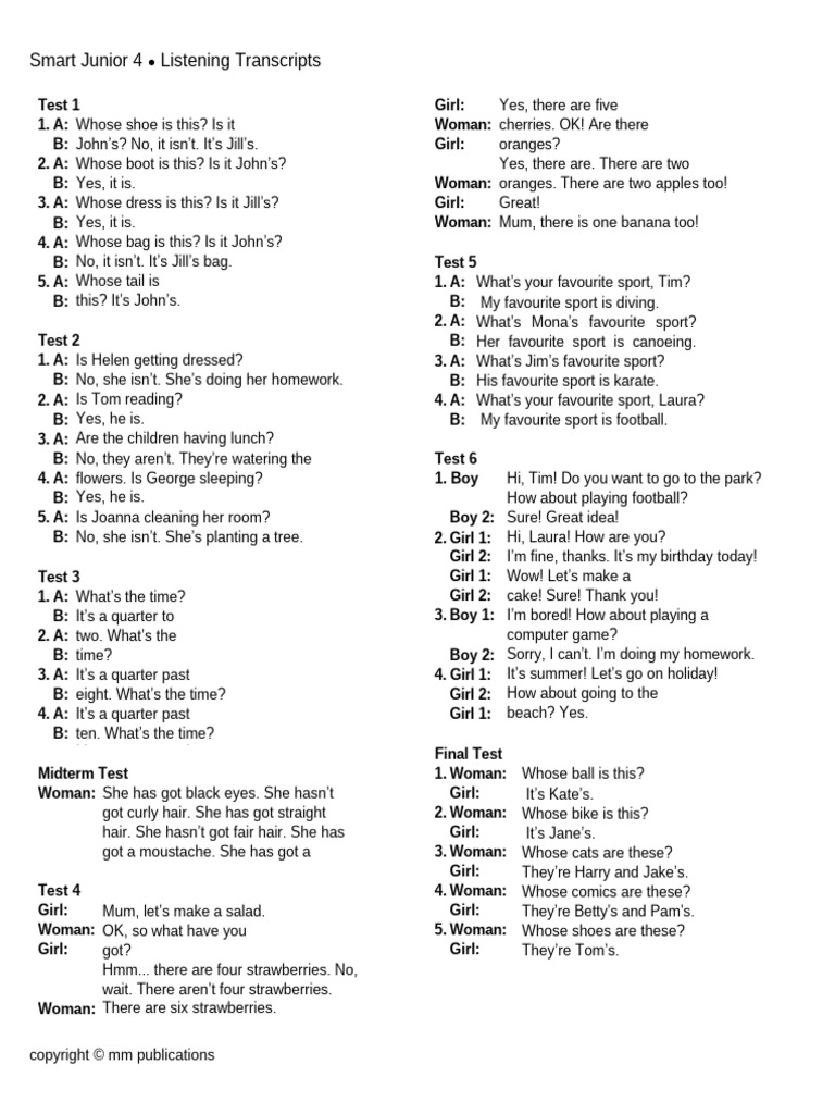 Smart Junior 4 Listening Tests | PDF