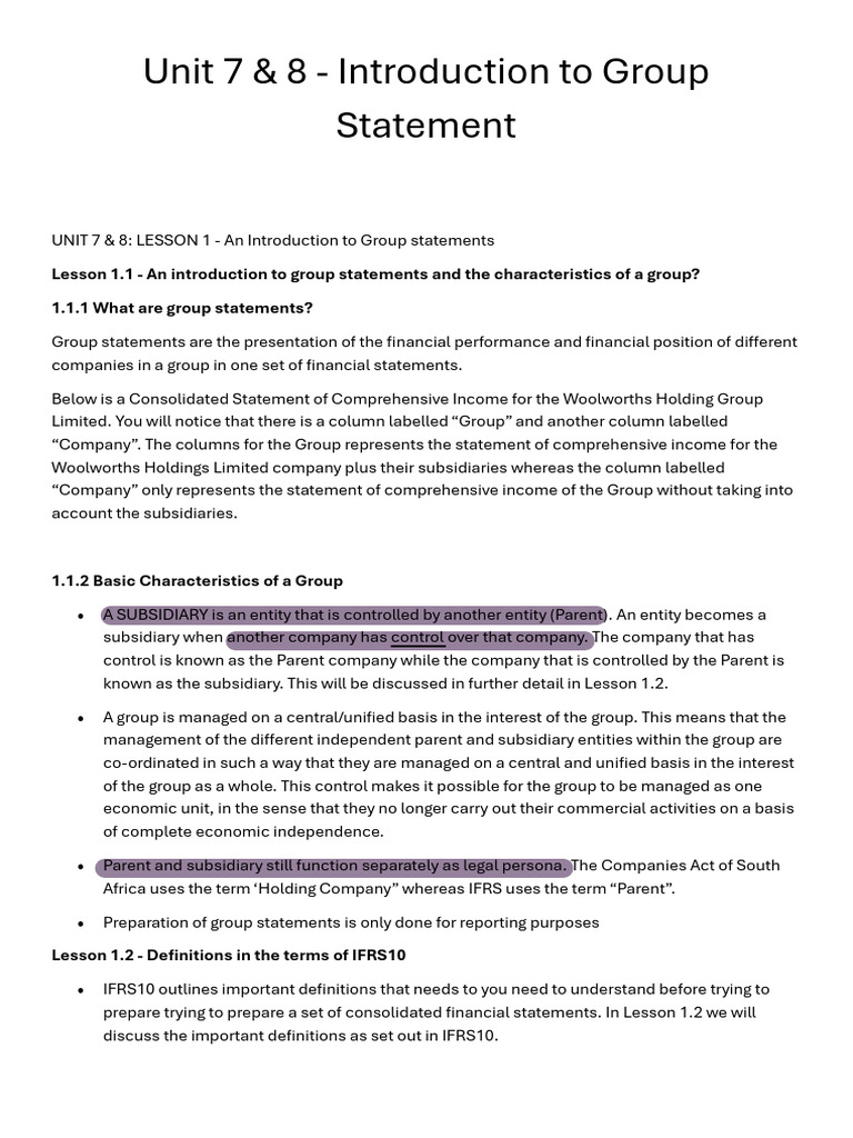 Unit 7 & 8 - Introduction To Group Statement | PDF | Fair Value ...