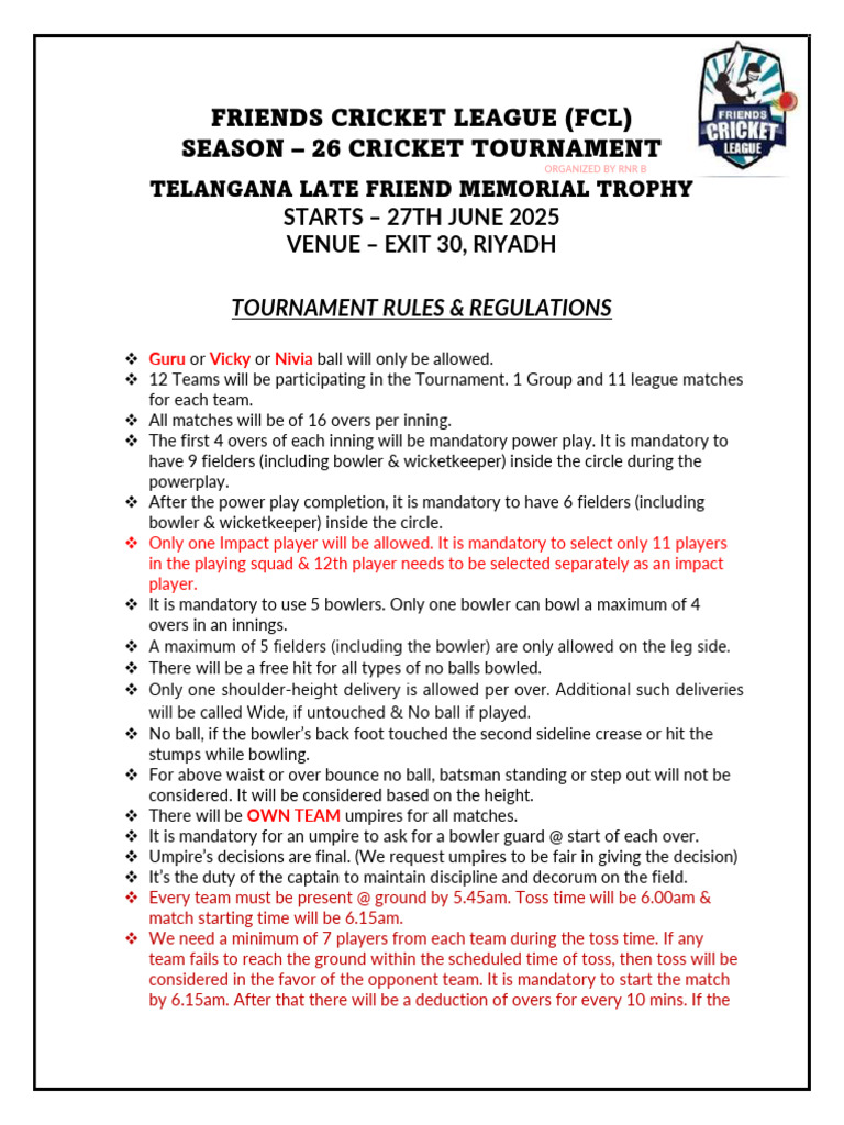 FCL Season 26 Tournament Rules | PDF | Bowling (Cricket) | Cricket