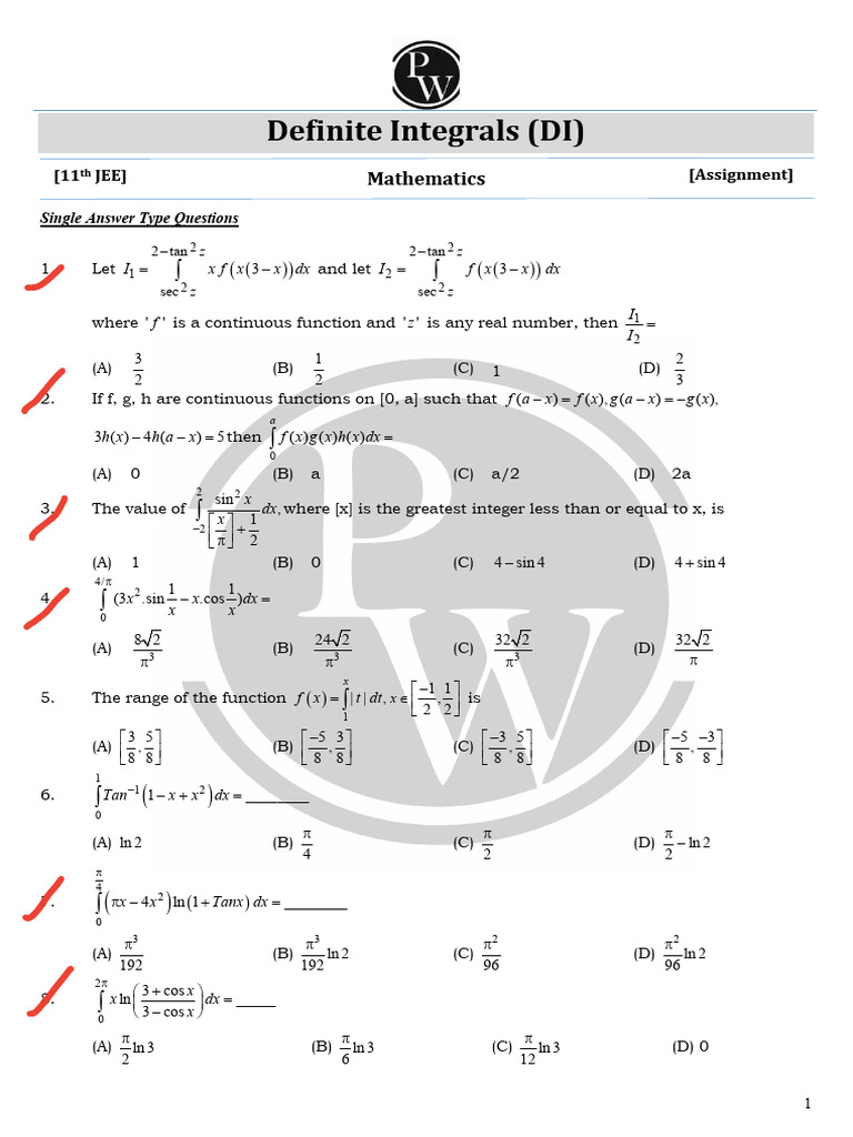 Definite Integrals Practice Questions | PDF | Function (Mathematics ...