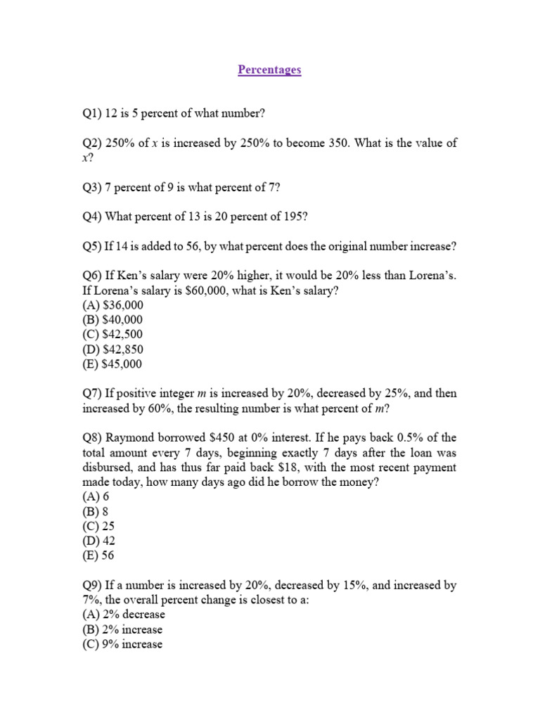 Percentage Problems and Solutions | PDF | Business | Investing