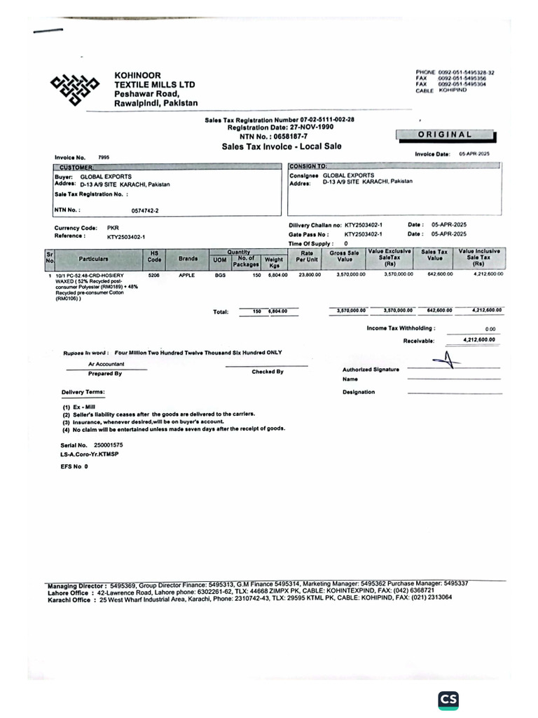 Invoice# 7995 Global Export (150 Bags) | PDF