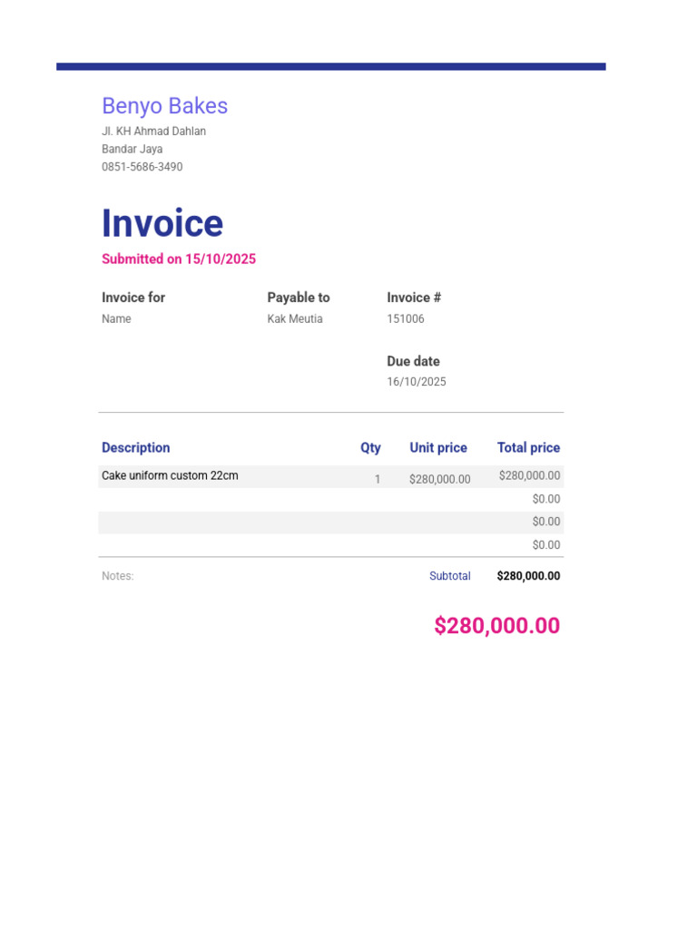 Custom Cake Invoice for Kak Meutia | PDF