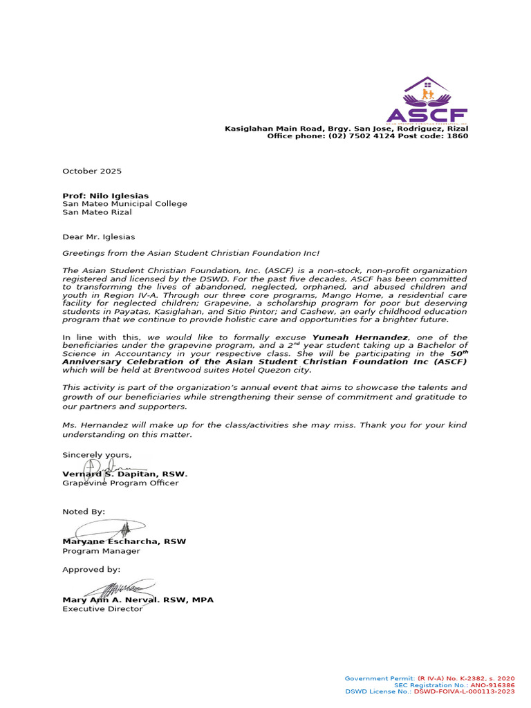 Excusal Letter for Student Participation | PDF