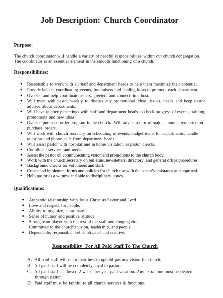 Church Coordinator Job Overview | PDF | Pastor