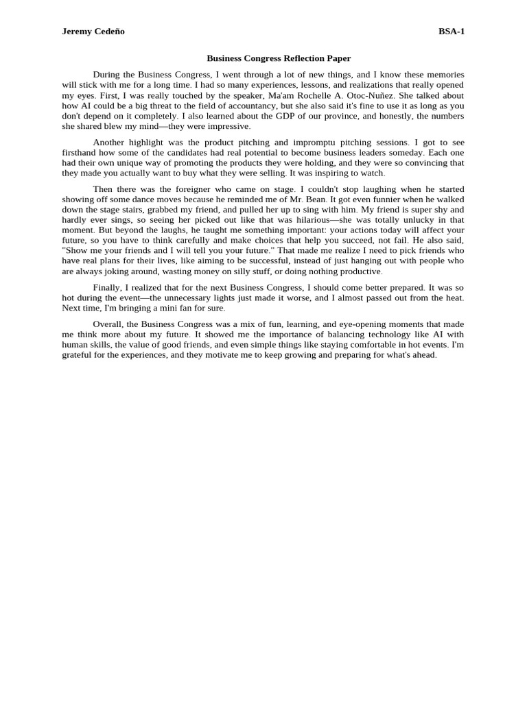Business Congress Reflection Insights | PDF
