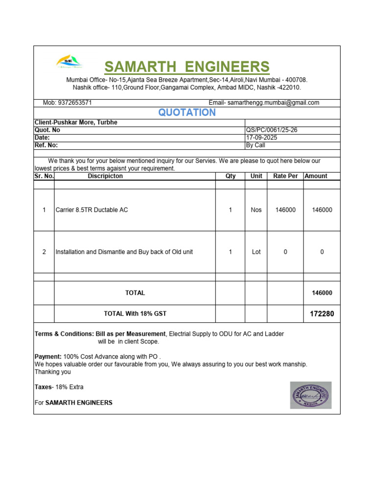 Quotation for AC Installation Services | PDF